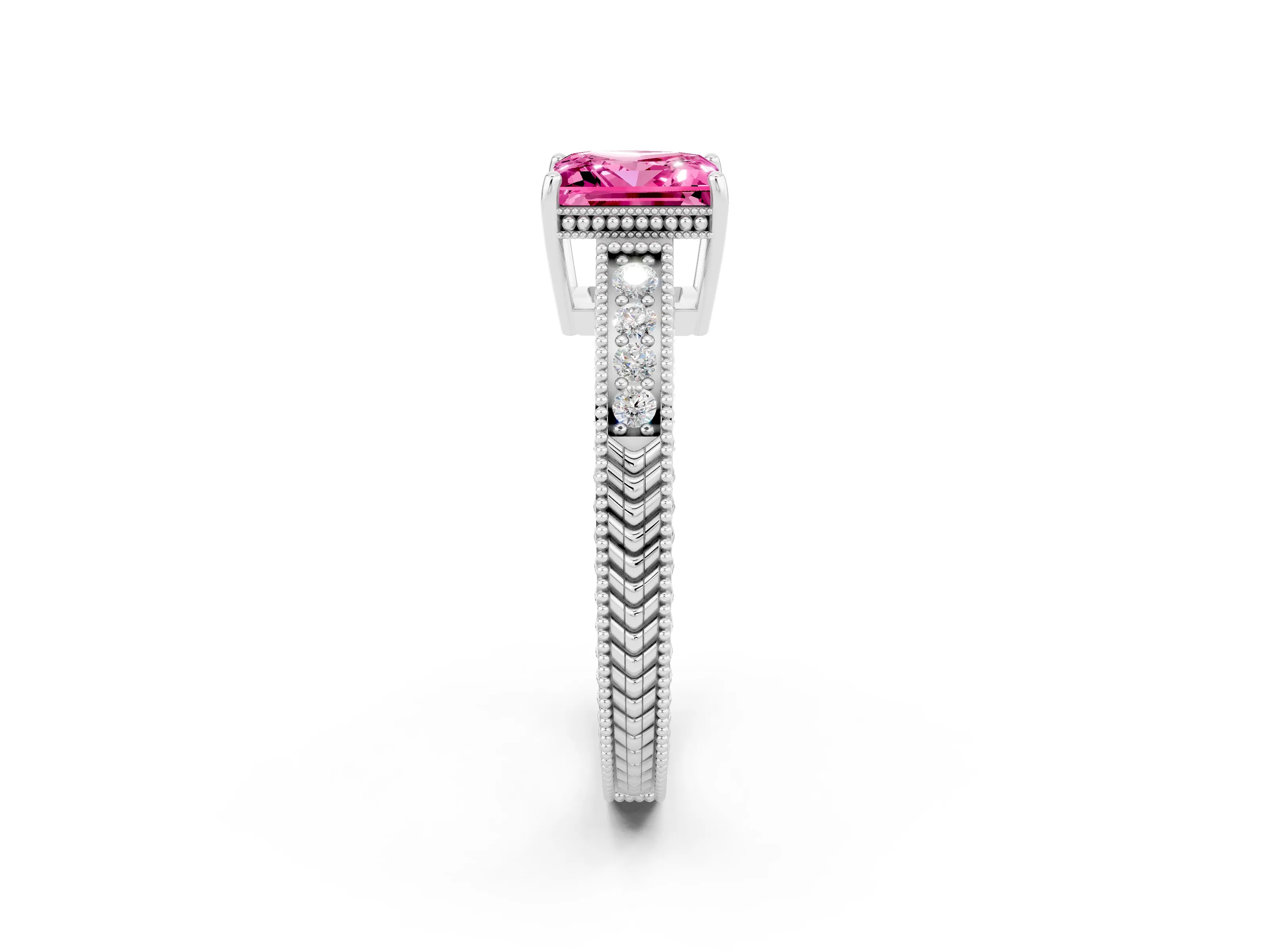 White gold Princess Cut Pink Sapphire Ring with Milgrain Pavé Band and Four-Prong Setting_38