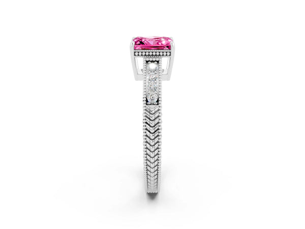 Silver Princess Cut Pink Sapphire Ring with Milgrain Pavé Band and Four-Prong Setting