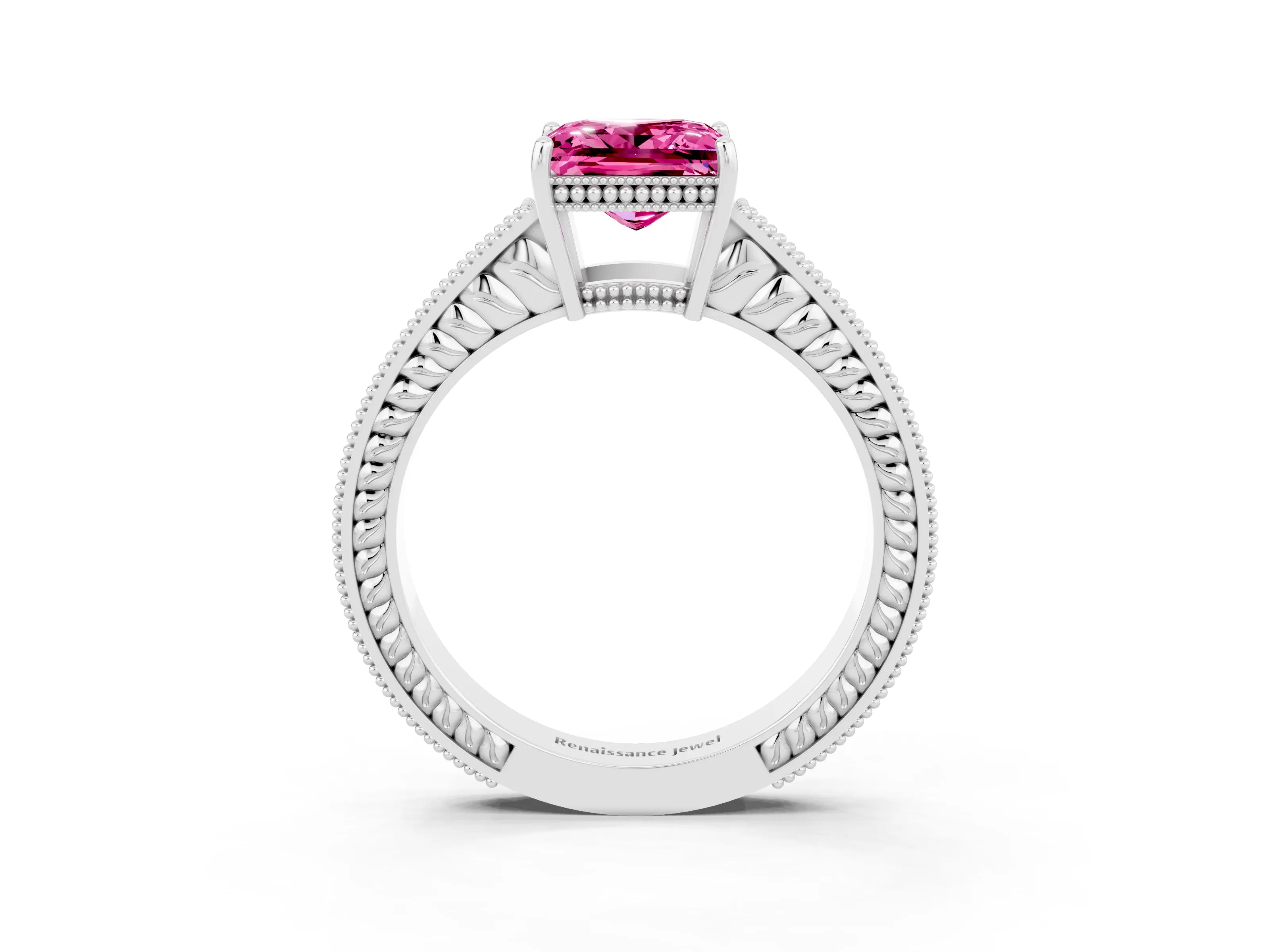White gold Princess Cut Pink Sapphire Ring with Milgrain Pavé Band and Four-Prong Setting_39