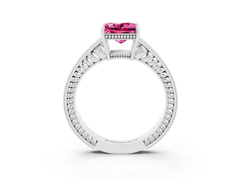 White gold Princess Cut Pink Sapphire Ring with Milgrain Pavé Band and Four-Prong Setting_39