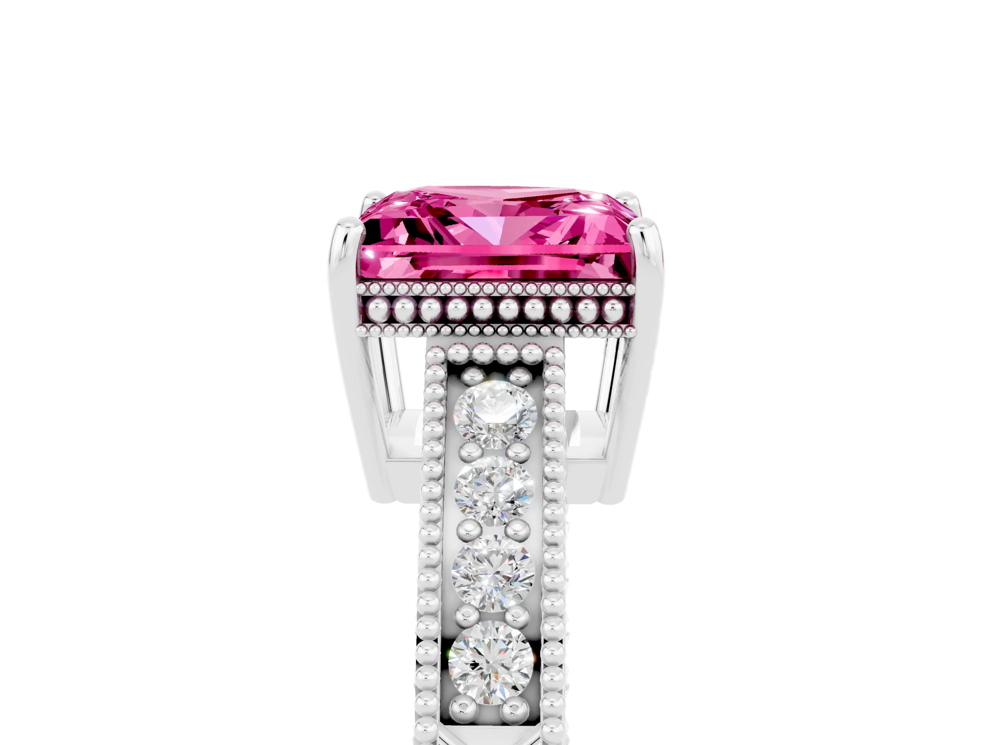 White gold Princess Cut Pink Sapphire Ring with Milgrain Pavé Band and Four-Prong Setting_41