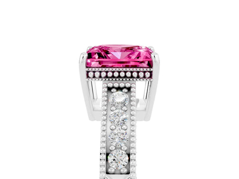 White gold Princess Cut Pink Sapphire Ring with Milgrain Pavé Band and Four-Prong Setting_41