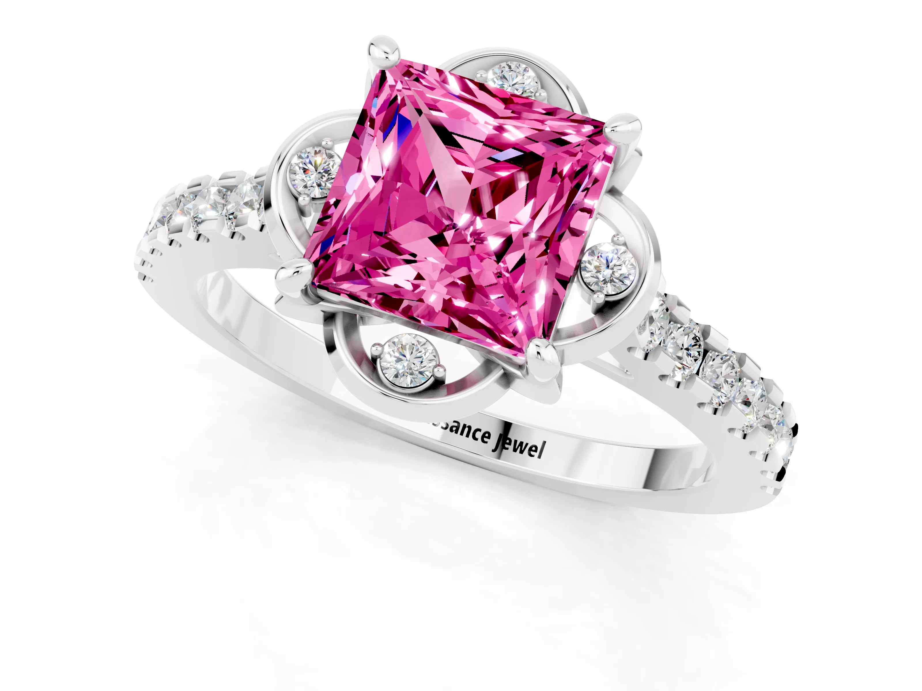 White gold Princess Cut Pink Sapphire Ring with Pavé Band and Floral Prong Setting_1
