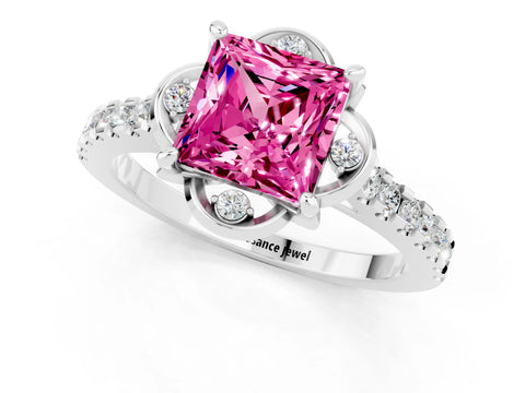 White gold Princess Cut Pink Sapphire Ring with Pavé Band and Floral Prong Setting_1