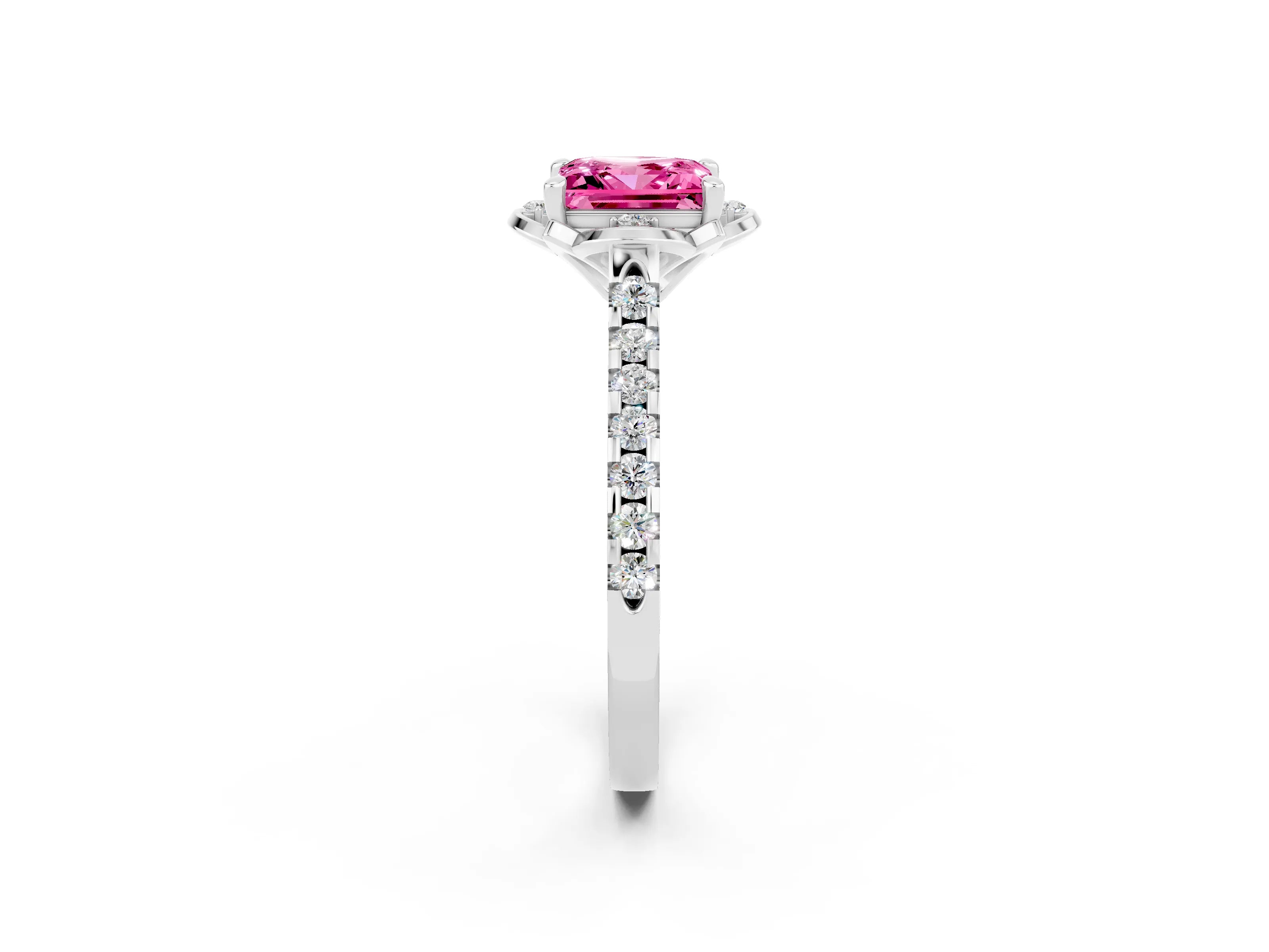White gold Princess Cut Pink Sapphire Ring with Pavé Band and Floral Prong Setting_2