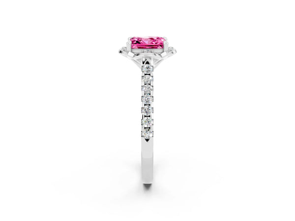 Silver Princess Cut Pink Sapphire Ring with Pavé Band and Floral Prong Setting
