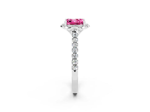 White gold Princess Cut Pink Sapphire Ring with Pavé Band and Floral Prong Setting_2