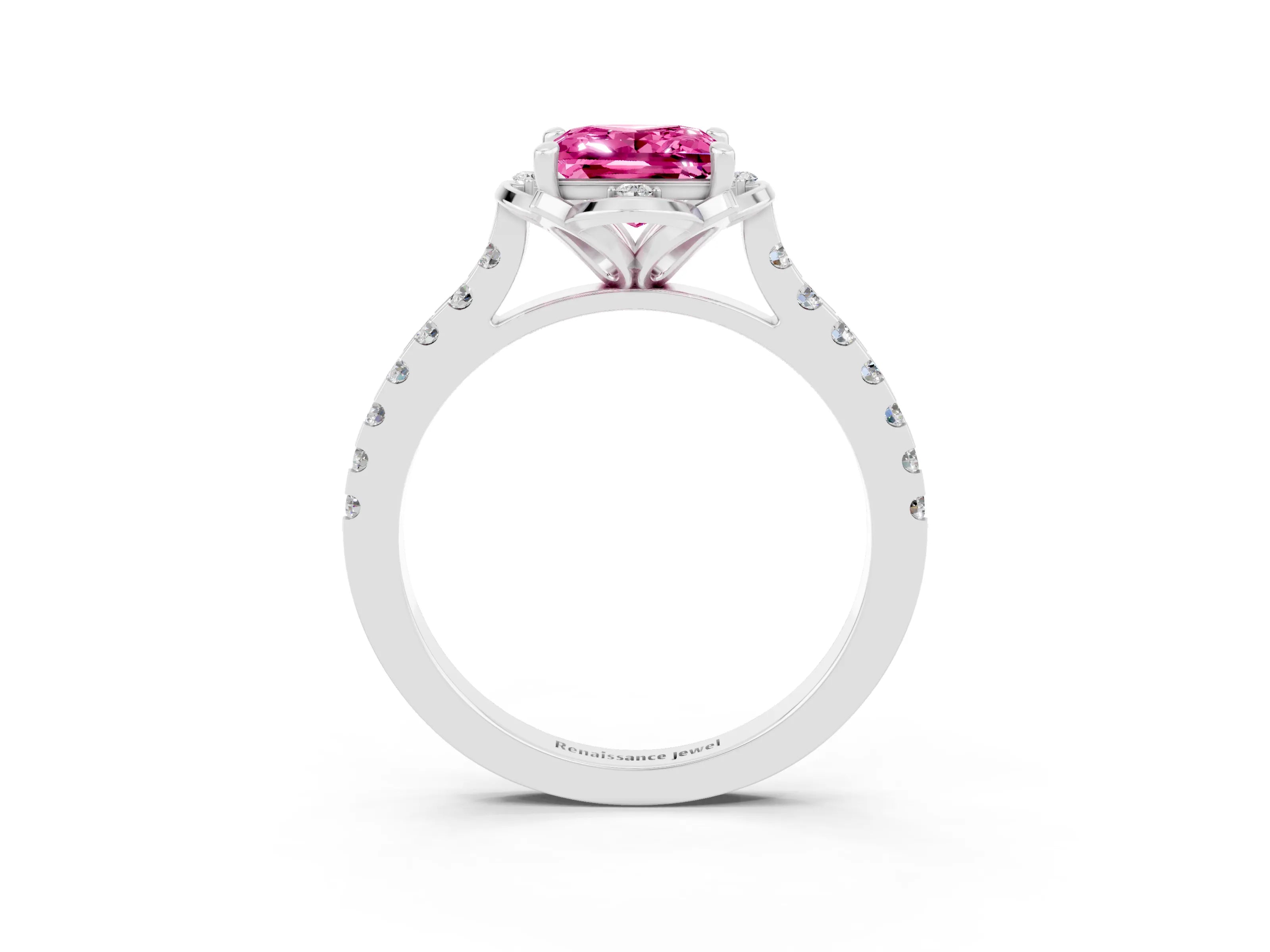 White gold Princess Cut Pink Sapphire Ring with Pavé Band and Floral Prong Setting_3