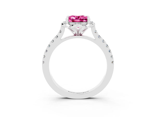 Silver Princess Cut Pink Sapphire Ring with Pavé Band and Floral Prong Setting