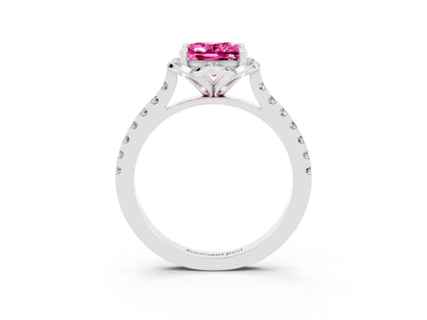 White gold Princess Cut Pink Sapphire Ring with Pavé Band and Floral Prong Setting_3