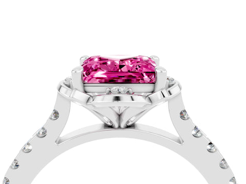 White gold Princess Cut Pink Sapphire Ring with Pavé Band and Floral Prong Setting_4