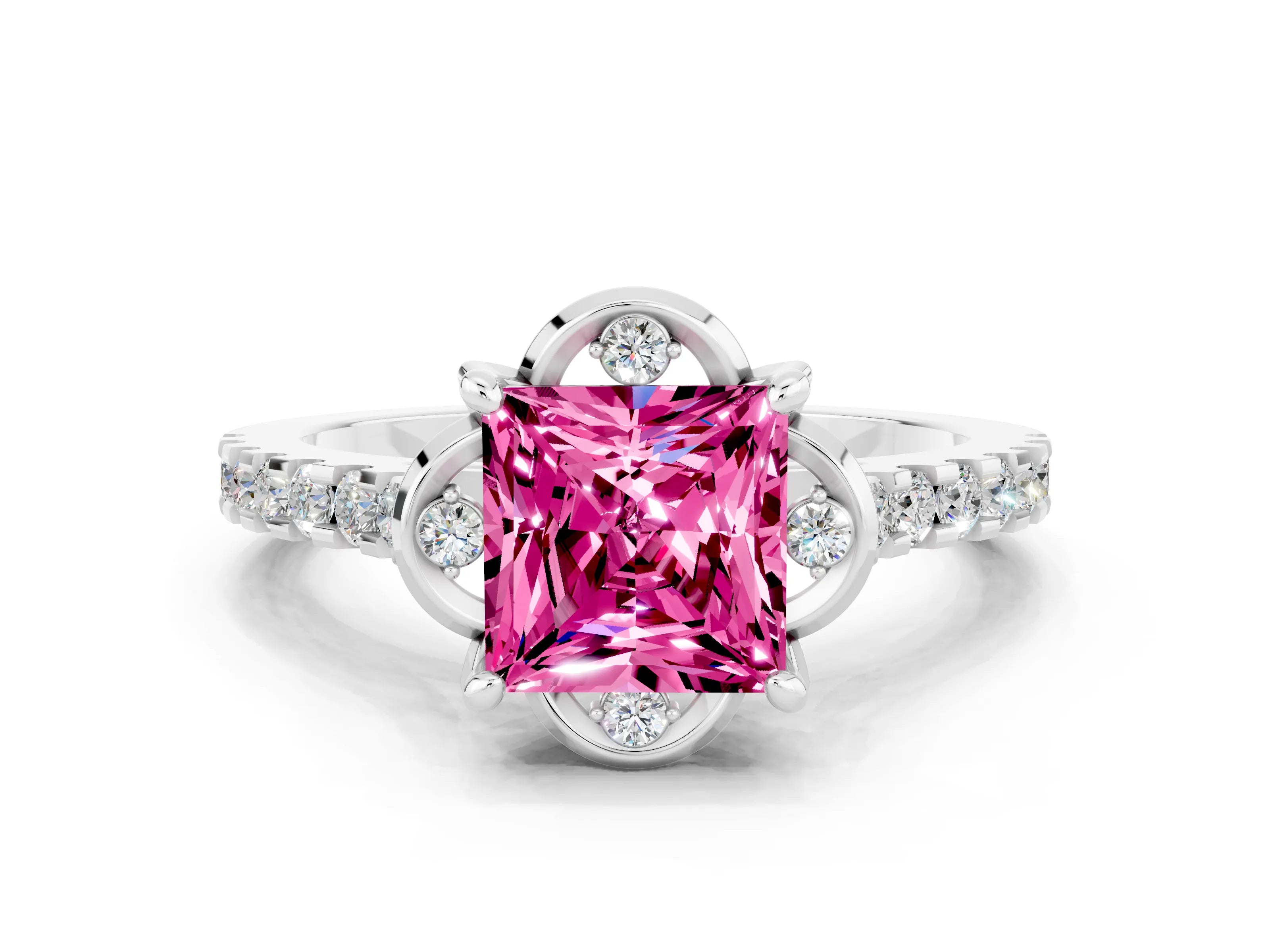 White gold Princess Cut Pink Sapphire Ring with Pavé Band and Floral Prong Setting