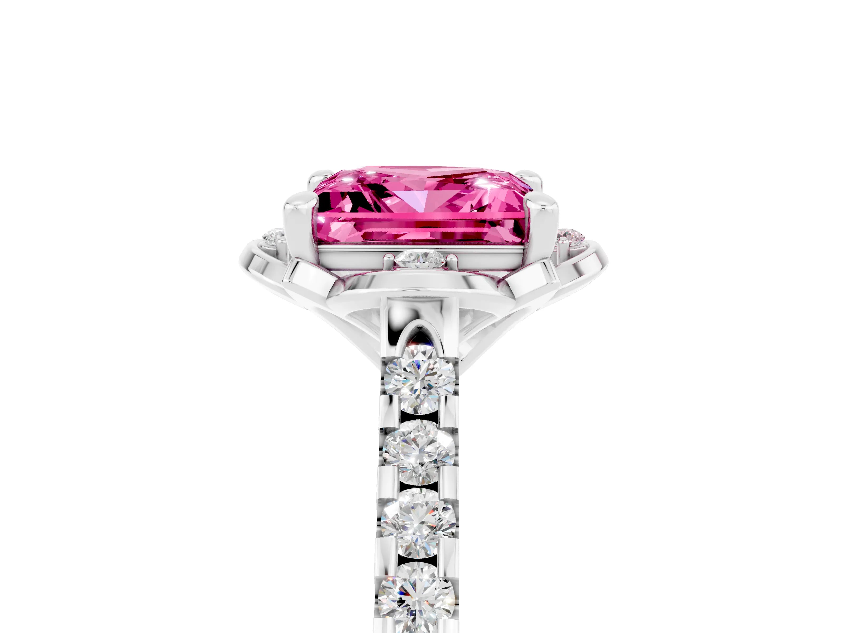 White gold Princess Cut Pink Sapphire Ring with Pavé Band and Floral Prong Setting_5