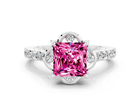 White gold Princess Cut Pink Sapphire Ring with Pavé Band and Floral Prong Setting