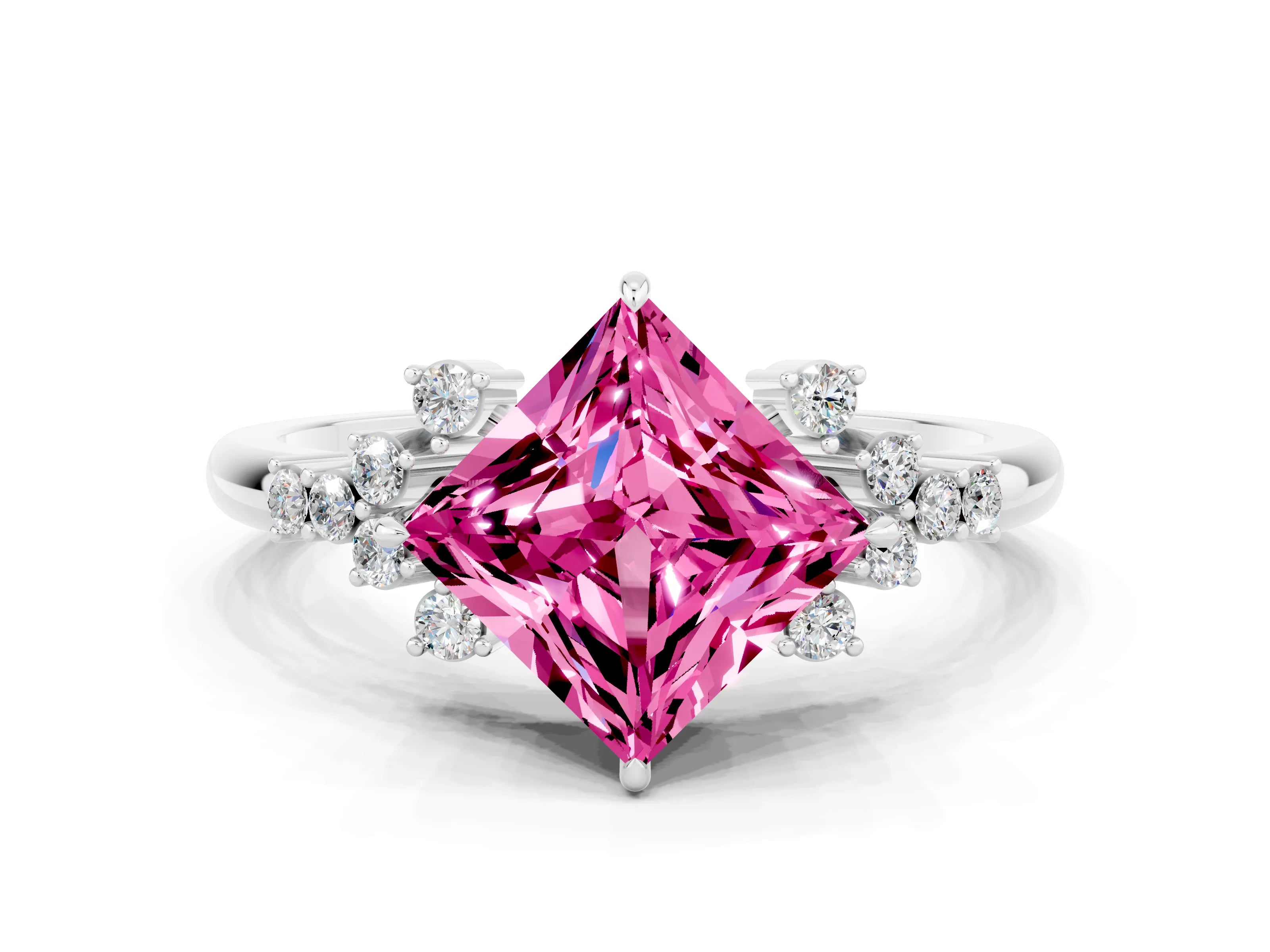 White gold Princess Cut Pink Sapphire Ring with Side Stones and Four-Prong Setting_60