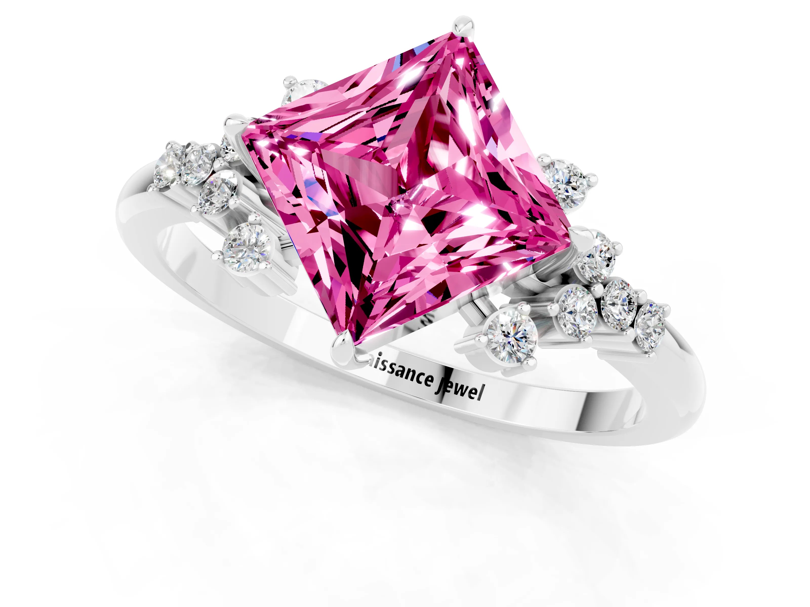 White gold Princess Cut Pink Sapphire Ring with Side Stones and Four-Prong Setting_61