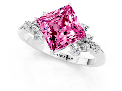 White gold Princess Cut Pink Sapphire Ring with Side Stones and Four-Prong Setting_61