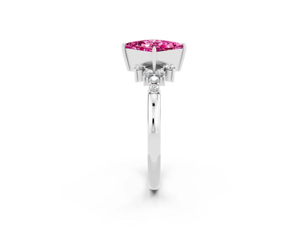 White gold Princess Cut Pink Sapphire Ring with Side Stones and Four-Prong Setting