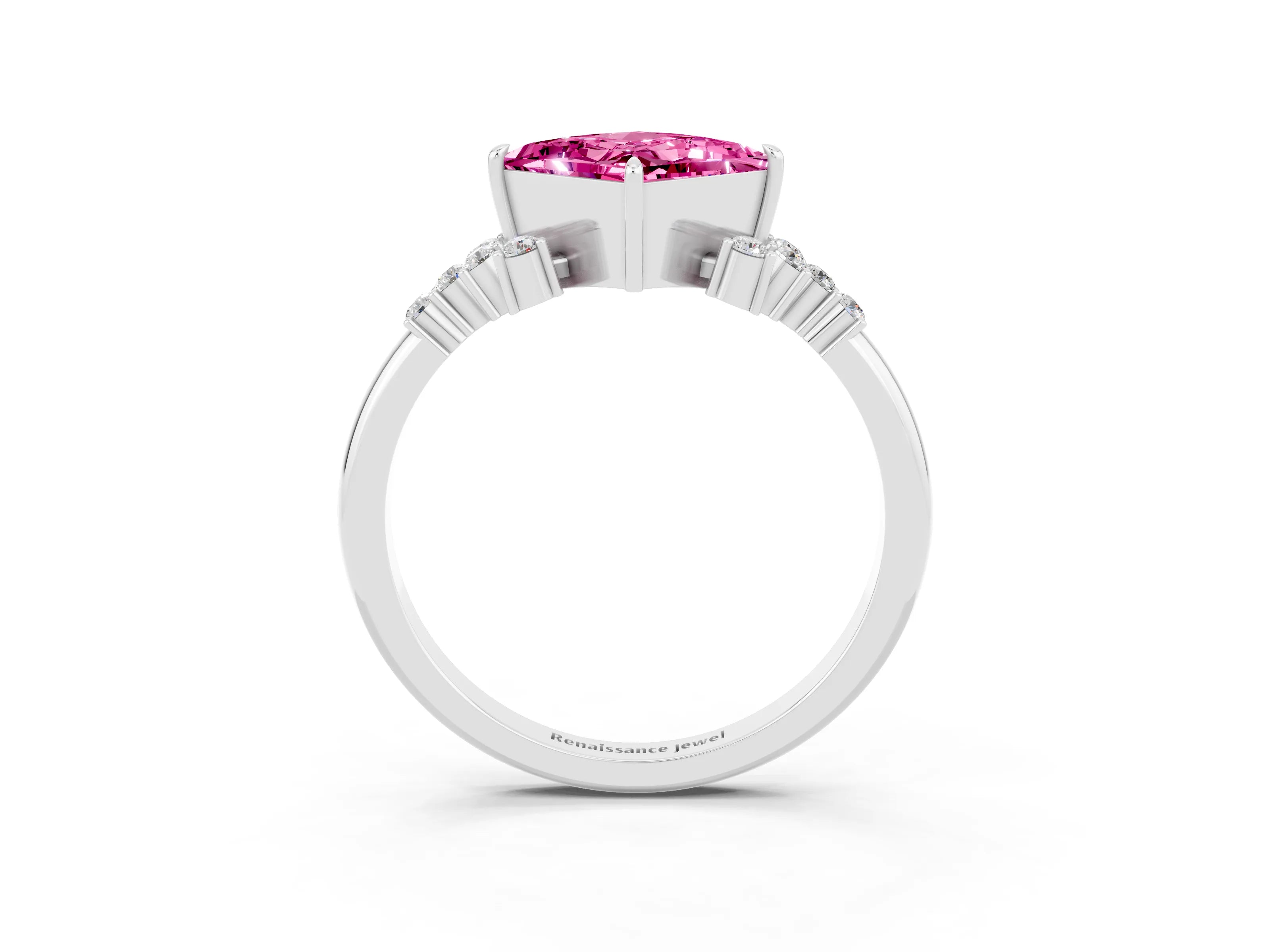 White gold Princess Cut Pink Sapphire Ring with Side Stones and Four-Prong Setting_63