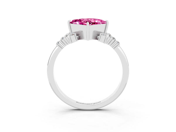 Silver Princess Cut Pink Sapphire Ring with Side Stones and Four-Prong Setting