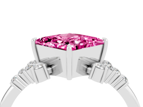 White gold Princess Cut Pink Sapphire Ring with Side Stones and Four-Prong Setting_64