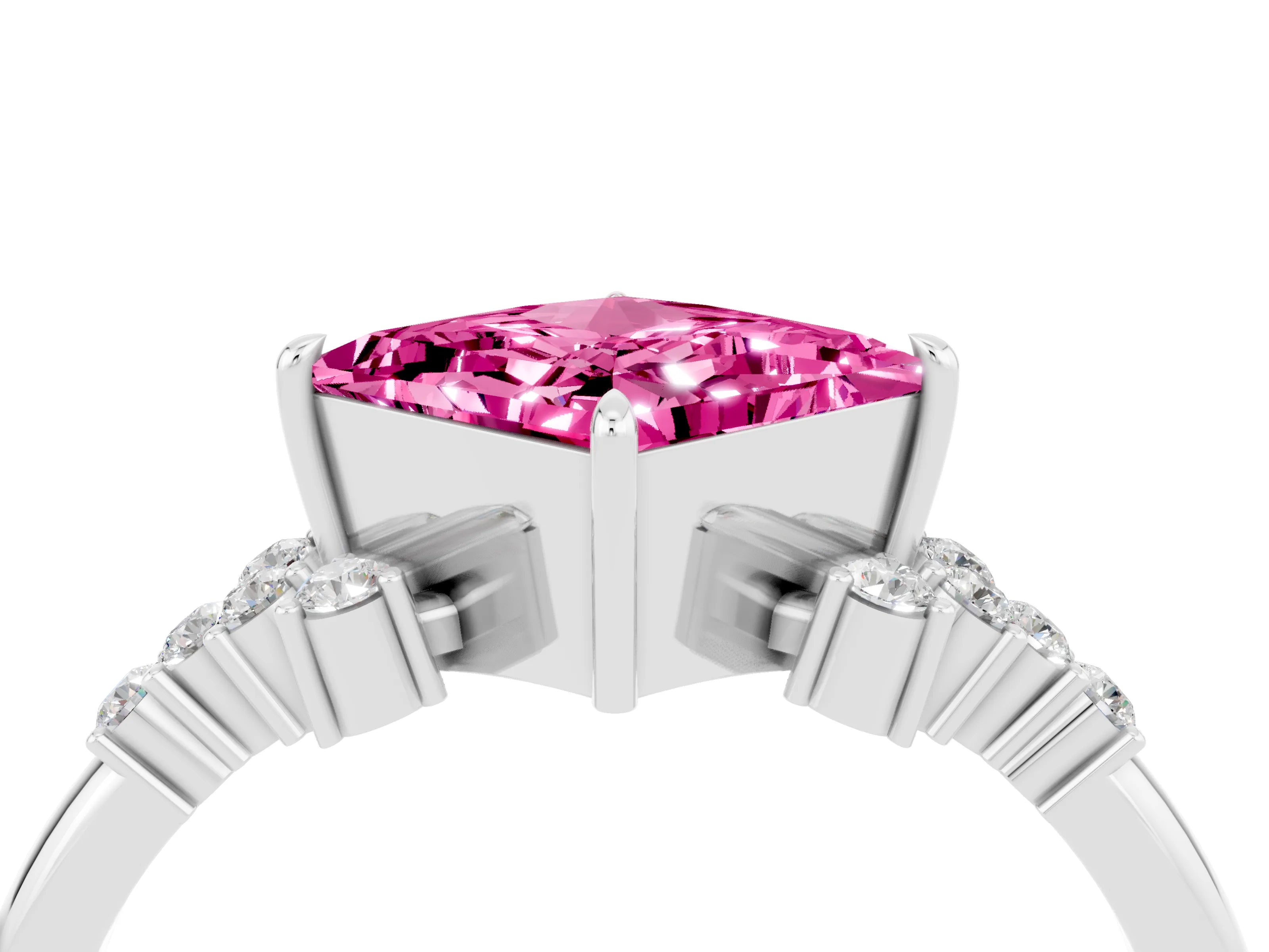 White gold Princess Cut Pink Sapphire Ring with Side Stones and Four-Prong Setting_64