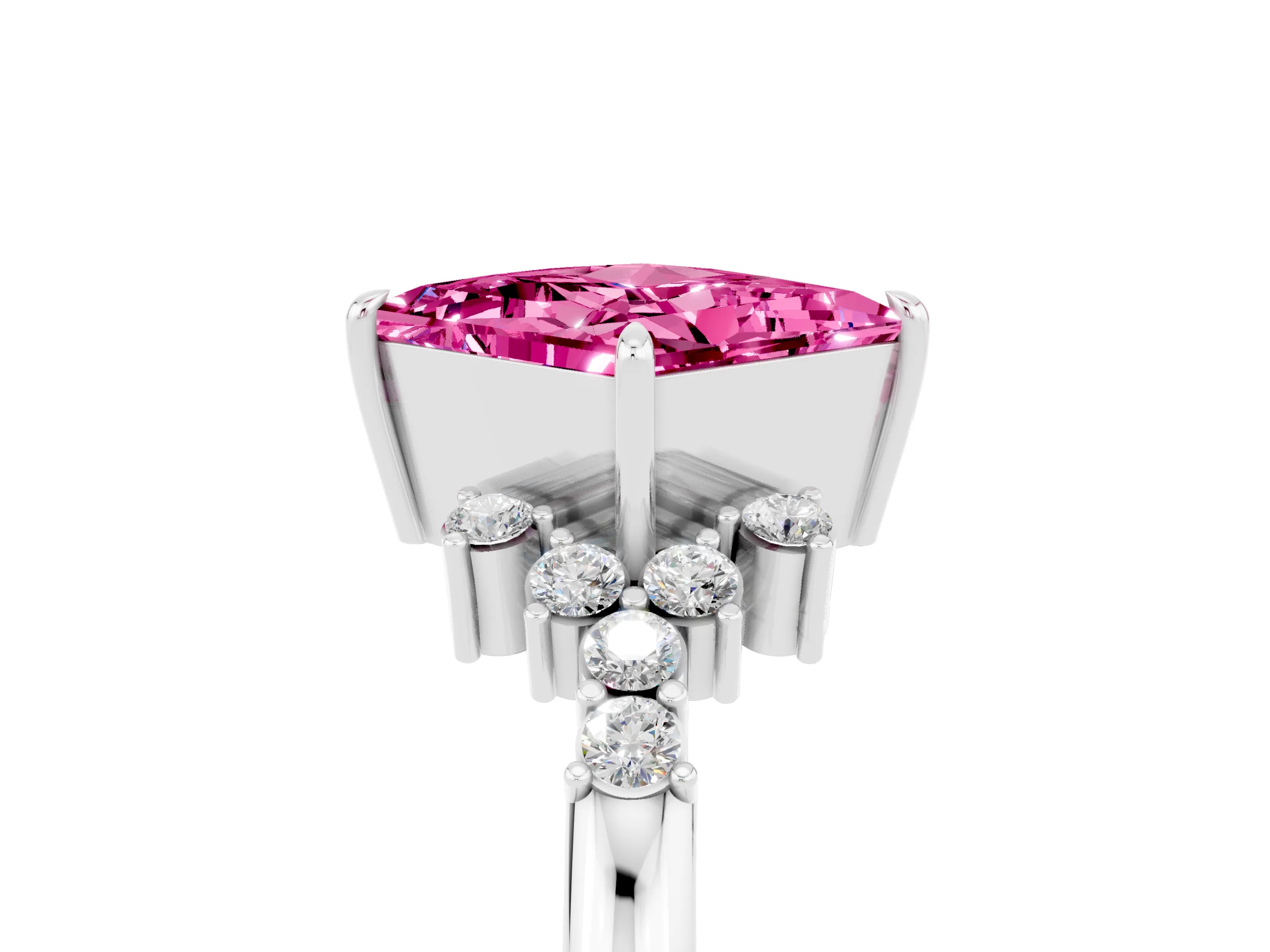 White gold Princess Cut Pink Sapphire Ring with Side Stones and Four-Prong Setting_65