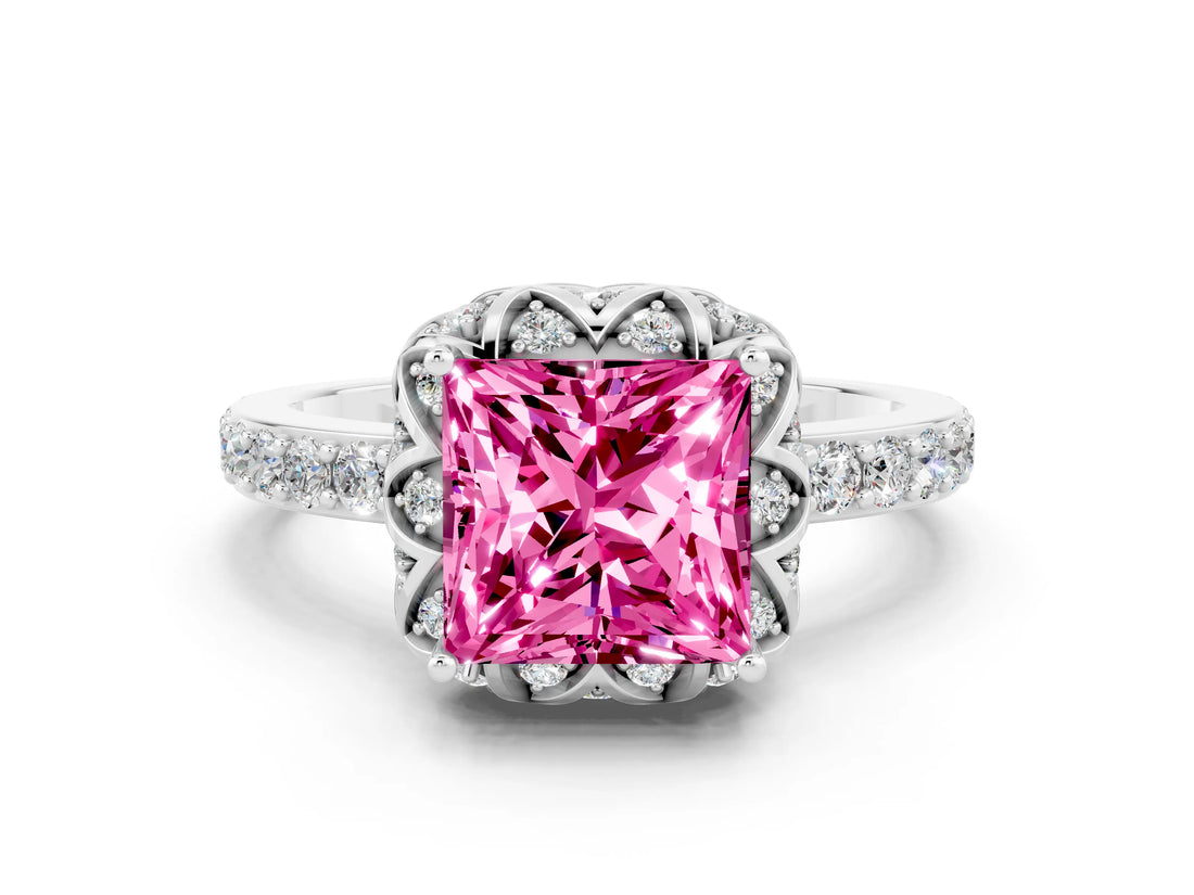 White gold Princess Cut Pink Sapphire Scalloped Halo Engagement Ring with Round Shared Prong Band_12