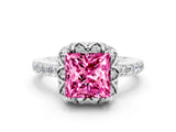 White gold Princess Cut Pink Sapphire Scalloped Halo Engagement Ring with Round Shared Prong Band_12