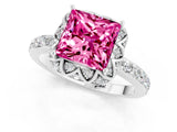 White gold Princess Cut Pink Sapphire Scalloped Halo Engagement Ring with Round Shared Prong Band_13