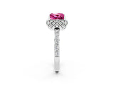 White gold Princess Cut Pink Sapphire Scalloped Halo Engagement Ring with Round Shared Prong Band_14