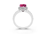 White gold Princess Cut Pink Sapphire Scalloped Halo Engagement Ring with Round Shared Prong Band_15