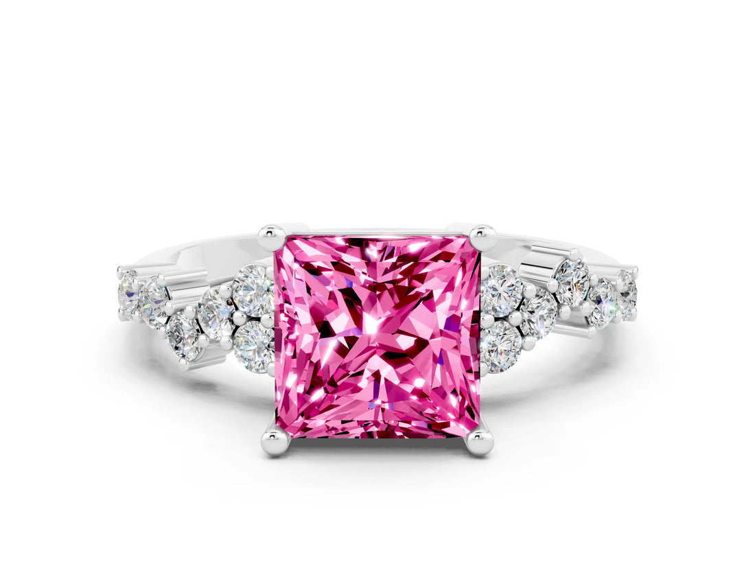 White gold Princess Cut Pink Sapphire Scattered Round Accent Ring with Prong Setting_24