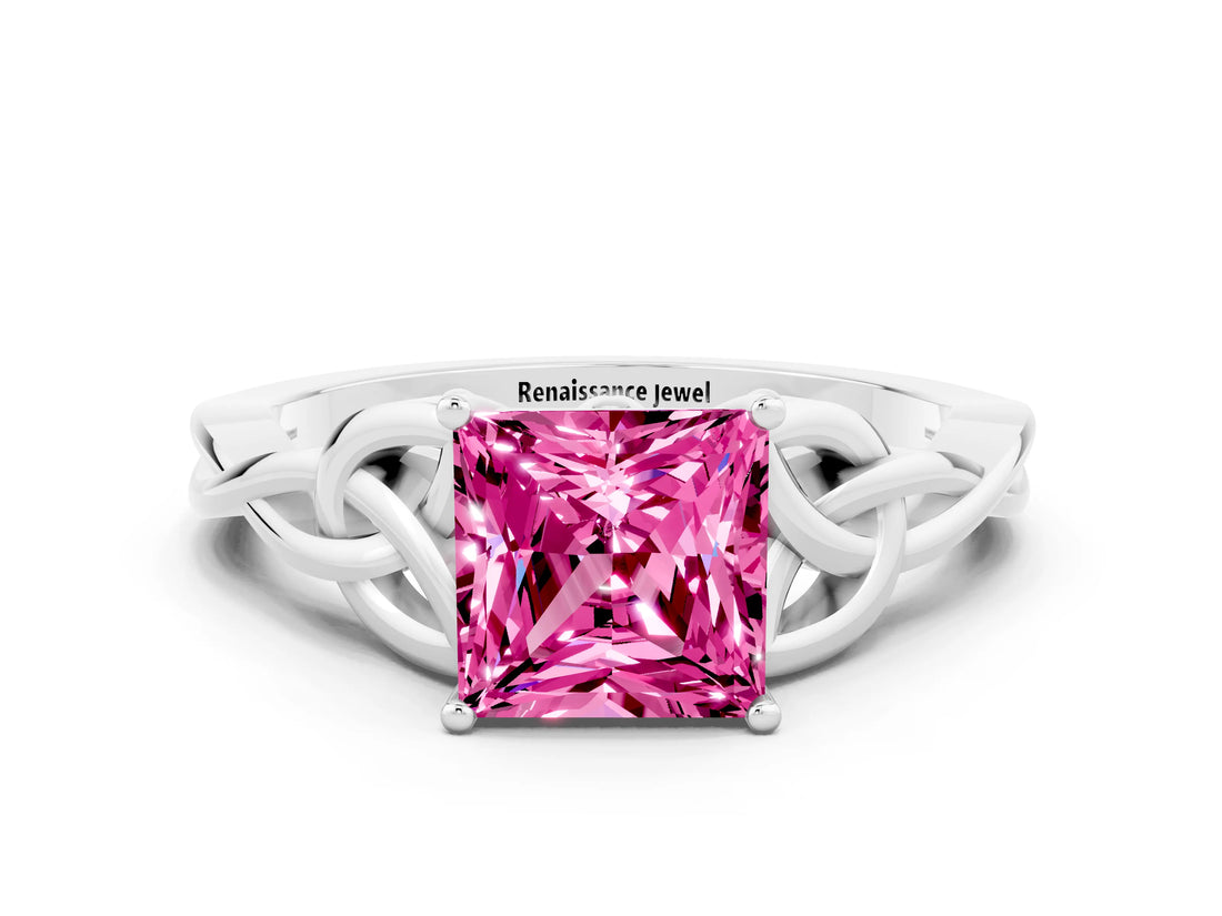 White gold Princess Cut Pink Sapphire Solitaire Celtic Knot Ring with Four-Prong Setting_36