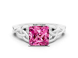 White gold Princess Cut Pink Sapphire Solitaire Celtic Knot Ring with Four-Prong Setting_36
