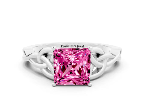 White gold Princess Cut Pink Sapphire Solitaire Celtic Knot Ring with Four-Prong Setting_36
