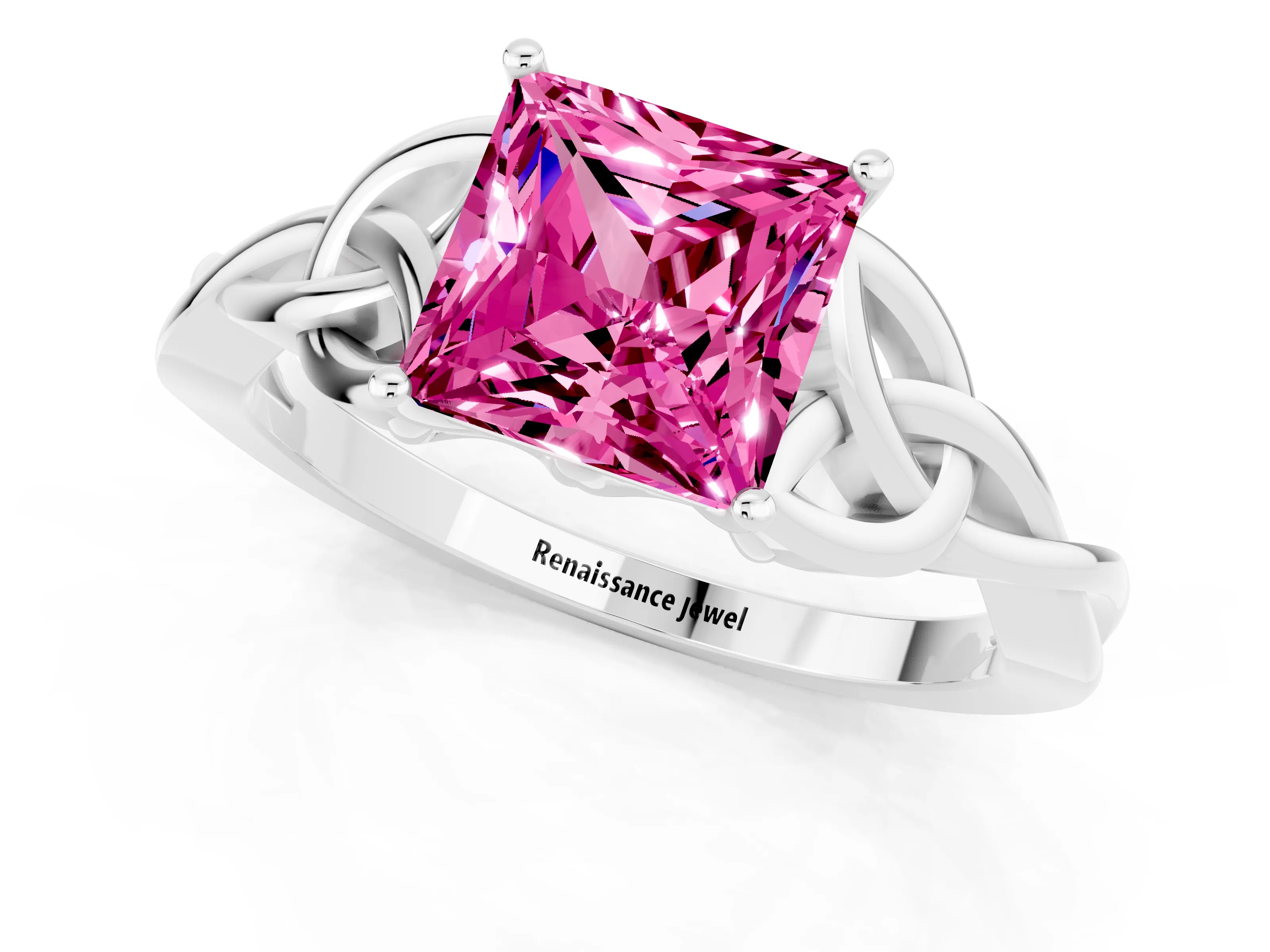 White gold Princess Cut Pink Sapphire Solitaire Celtic Knot Ring with Four-Prong Setting_37
