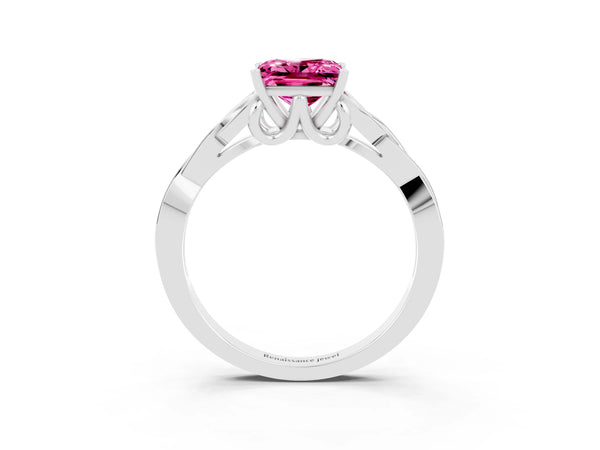 Silver Princess Cut Pink Sapphire Solitaire Celtic Knot Ring with Four-Prong Setting