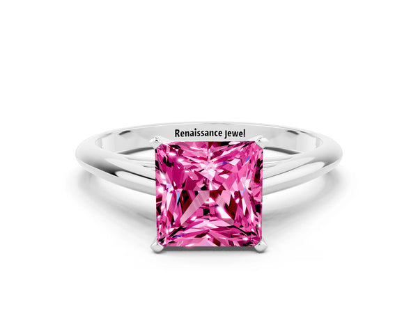 Platinum Princess Cut Pink Sapphire Solitaire Engagement Ring with Cathedral Setting and Four-Prong Mount