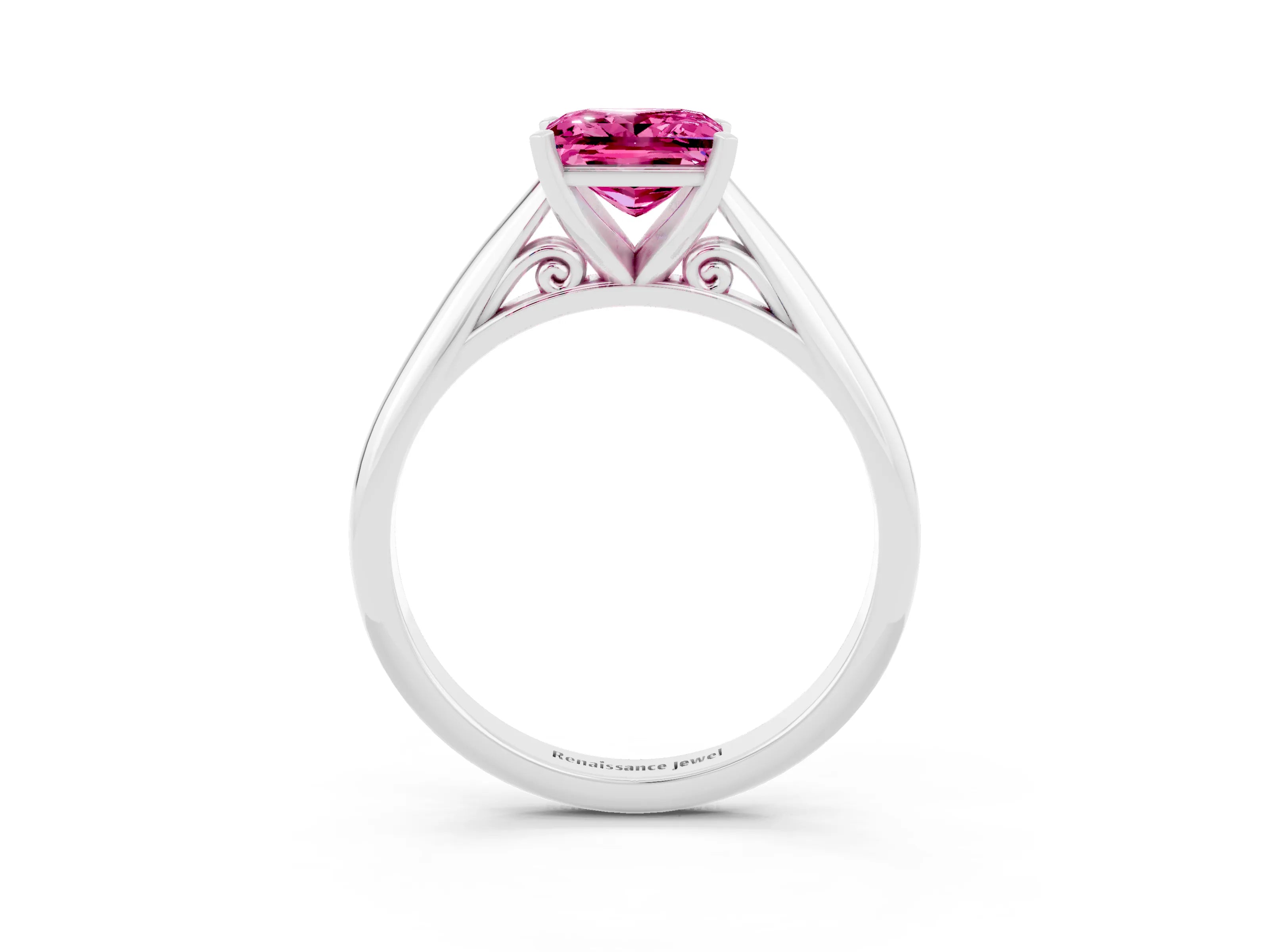 White gold Princess Cut Pink Sapphire Solitaire Engagement Ring with Cathedral Setting and Four-Prong Mount_15