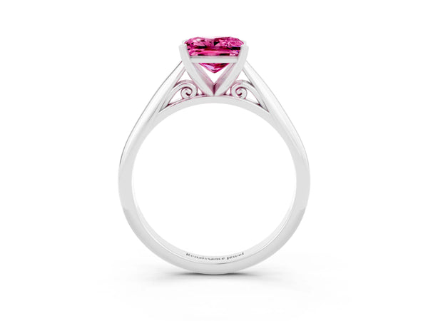 Platinum Princess Cut Pink Sapphire Solitaire Engagement Ring with Cathedral Setting and Four-Prong Mount