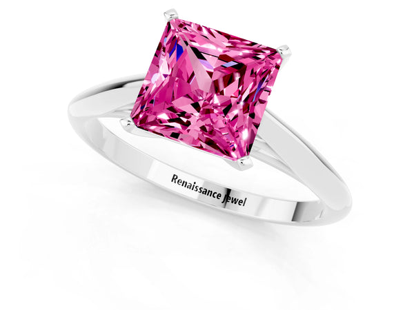 White gold Princess Cut Pink Sapphire Solitaire Engagement Ring with Cathedral Setting and Four-Prong Mount