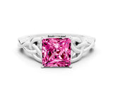 White gold Princess Cut Pink Sapphire Solitaire Engagement Ring with Celtic Knot Band and Four-Prong Setting_24