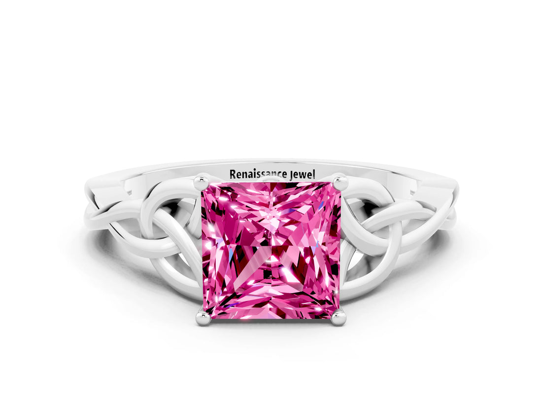 White gold Princess Cut Pink Sapphire Solitaire Engagement Ring with Celtic Knot Band and Four-Prong Setting_24