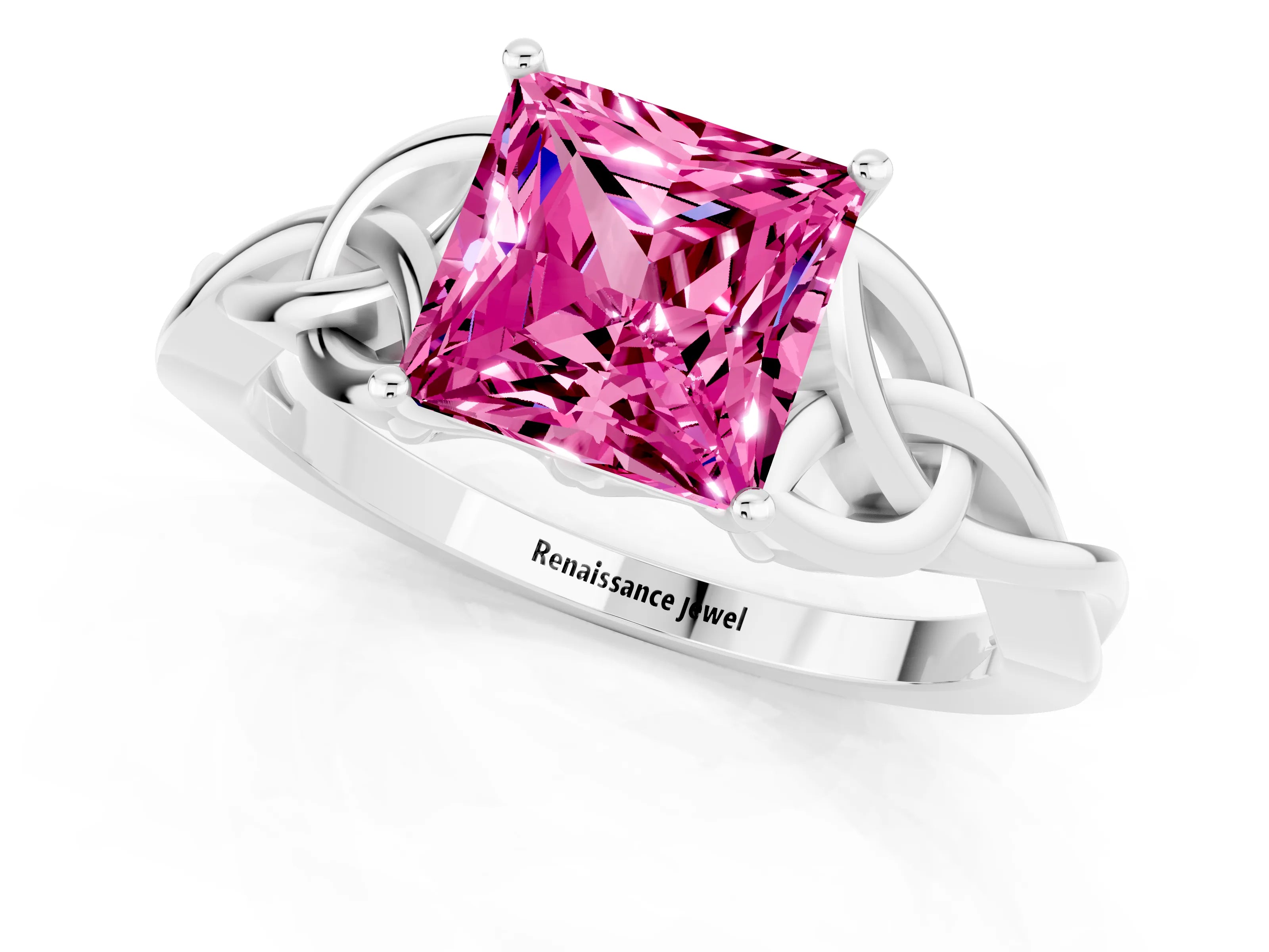 White gold Princess Cut Pink Sapphire Solitaire Engagement Ring with Celtic Knot Band and Four-Prong Setting_25