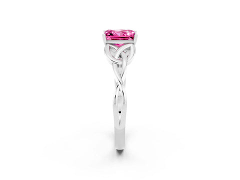 White gold Princess Cut Pink Sapphire Solitaire Engagement Ring with Celtic Knot Band and Four-Prong Setting_26