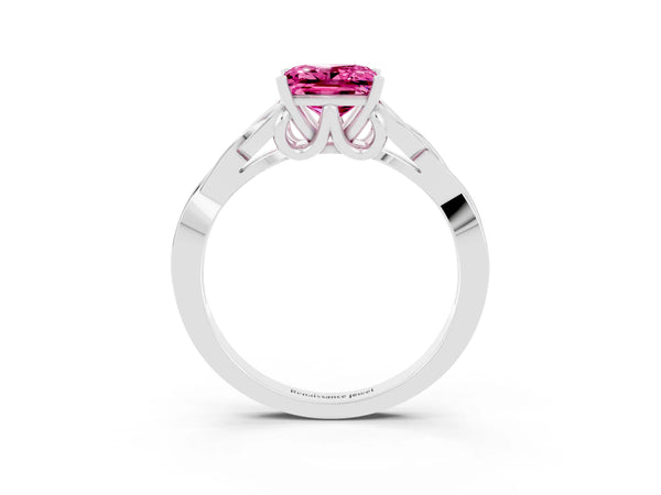 Platinum Princess Cut Pink Sapphire Solitaire Engagement Ring with Celtic Knot Band and Four-Prong Setting