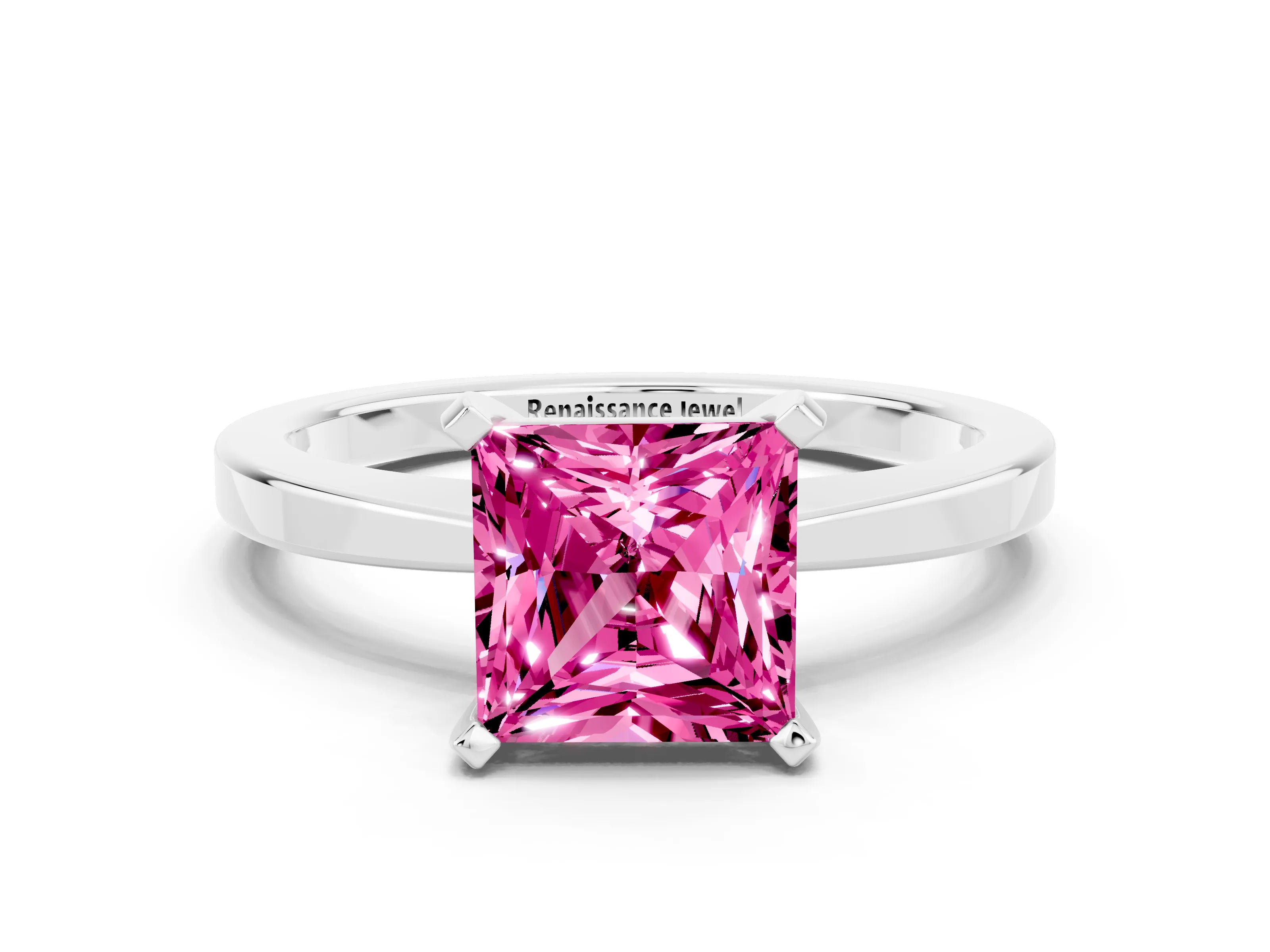 White gold Princess Cut Pink Sapphire Solitaire Engagement Ring with Classic Band and Four-Prong Setting_62