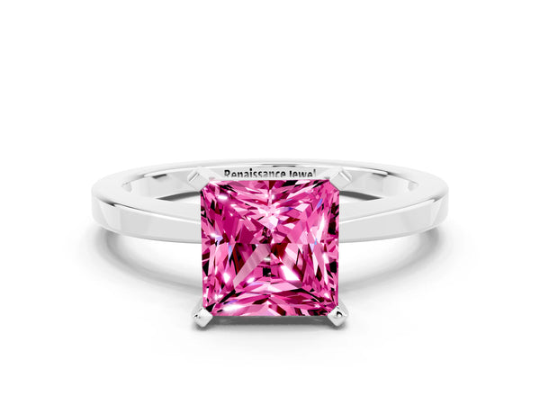 Platinum Princess Cut Pink Sapphire Solitaire Engagement Ring with Classic Band and Four-Prong Setting