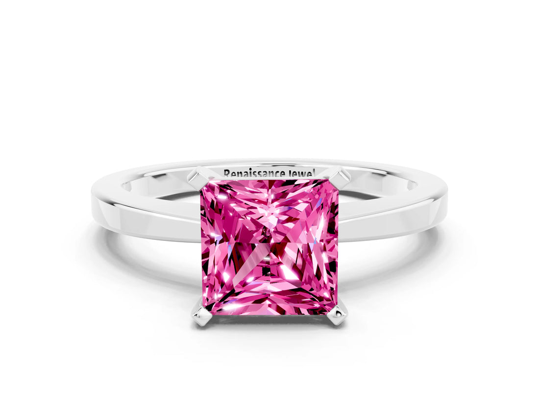 White gold Princess Cut Pink Sapphire Solitaire Engagement Ring with Classic Band and Four-Prong Setting_62